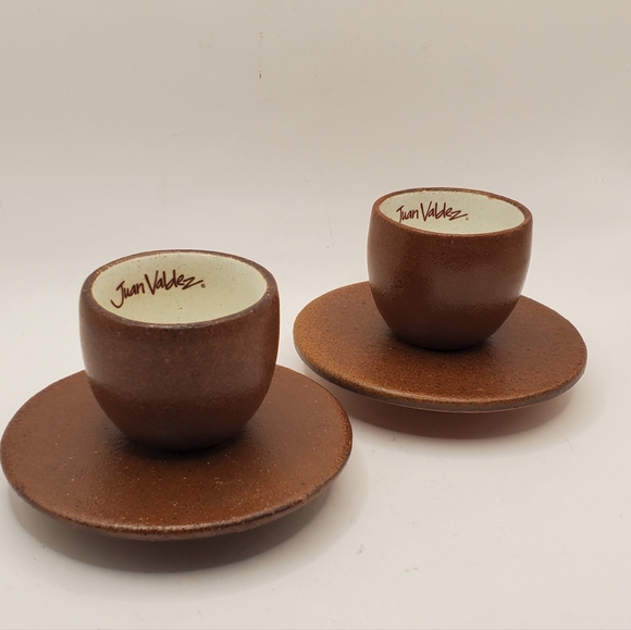 Juan Valdez Rare Handmade Pottery Espresso Cups And Saucers Set of 2 Brown Beige - Picture 2 of 16